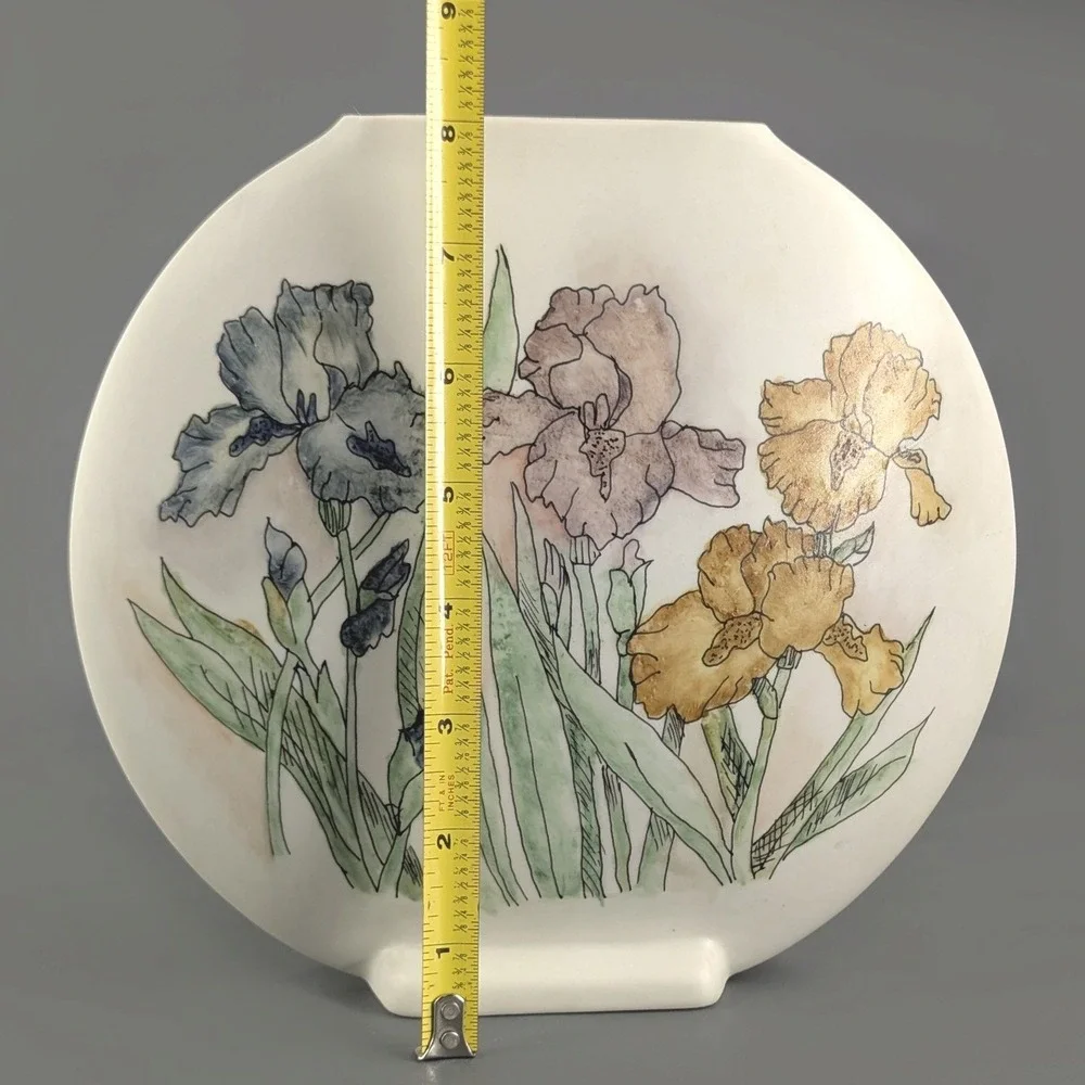 Ceramic Round Flat Iris Floral Vase Matte White Botanical Pottery 8in